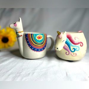 Natural Life Llama & Unicorn Ceramic Mugs - Colorful Painted Folk Art Whimsical